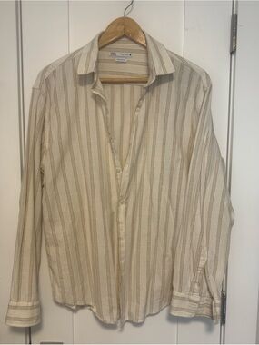 Zara Cream and Tan Striped Button-Down Shirt